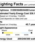 Lighting facts for Top Shelf Outdoor LED Flood Lights 200W To 300W Adjustable Wattage, showing brightness and energy used.