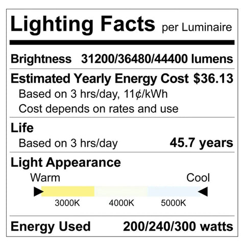 Lighting facts for Top Shelf Outdoor LED Flood Lights 200W To 300W Adjustable Wattage, showing brightness and energy used.