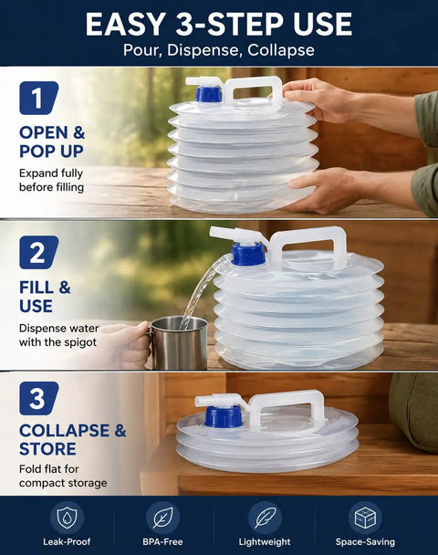 Foldable Water Container With Spigot And Gloves 3L For Camping And Travel shown expanded, pouring, and collapsed flat
