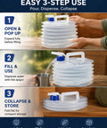 Easy 3-step use of Collapsible Water Container With Spigot, 3L, 5L, 10L And 15L Portable Water Carrier for compact storage