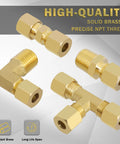 Front view: Brass compression fittings set for 1/4 in tubing; elbow, tee, straight couplings, and 1/4 in NPT adapters, 38 pcs