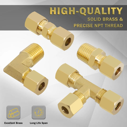 Front view: Brass compression fittings set for 1/4 in tubing; elbow, tee, straight couplings, and 1/4 in NPT adapters, 38 pcs