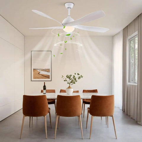 Ceiling Fan with Light Wireless Control Silent Pure Copper Motor for in modern dining room with brown chairs and decor.