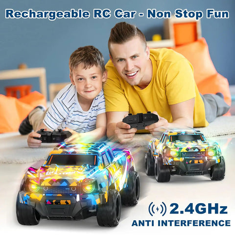 Father and son playing with Remote Control Pickup RC Car 1 To 24 Scale with light up LED effects indoors.