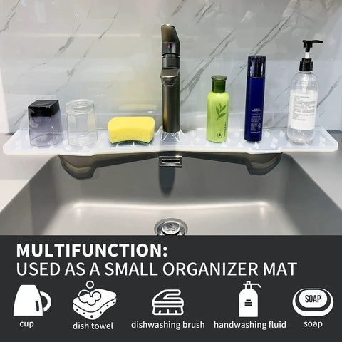 XXL 30 Inch Silicone Faucet Mat Splash Guard Drip Catcher Tray With Self Draining Slopes under various kitchen items on a sink