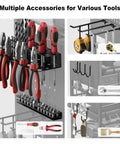 Power Tool Organizer Floor Stand With Charging Station For Garage, showing hooks and slots for pliers, drills, and bits