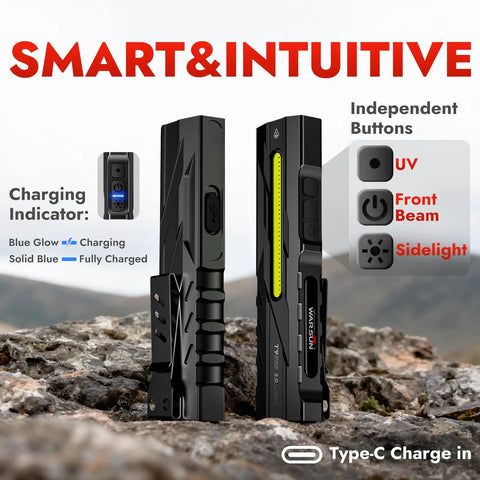 Rechargeable 1500 Lumen Pocket Flashlight With Magnetic Base And Clip showing charging indicator and buttons