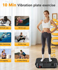 Person using Vibration Plate Exercise Machine For Home Workouts No Gym Needed Platform With 250 Speeds And 500 Lb Capacity Whole Body Vibration For Weight Loss Toning And Full Body Fitness At Home indoors with exercise infographic.