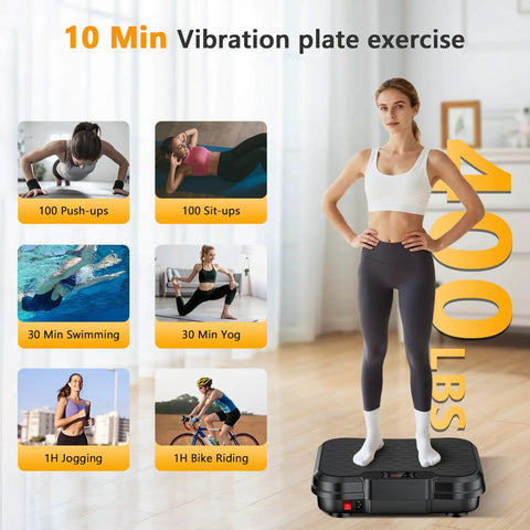 Person using Vibration Plate Exercise Machine For Home Workouts No Gym Needed Platform With 250 Speeds And 500 Lb Capacity Whole Body Vibration For Weight Loss Toning And Full Body Fitness At Home indoors with exercise infographic.