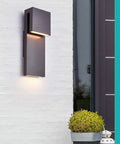 Sleek Outdoor Indoor LED Wall Sconce With Two Lights, 17W Total, Bronze Finish, 1600 Lumens, Weatherproof, installed on wall