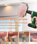 Side view of VIKITON 6-1/8 in hole saw with dust bowl attached to a cordless drill for recessed lighting; four-step panels.
