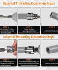 Dual Function Pipe Threading And Reaming Tool Kit For Half Inch And Three Quarter Inch PVC And PPR Pipes Quick Thread Alignment Damaged Thread Repair And Smooth Cutting For DIY Projects And Pro Plumbing Jobs external and internal threading steps