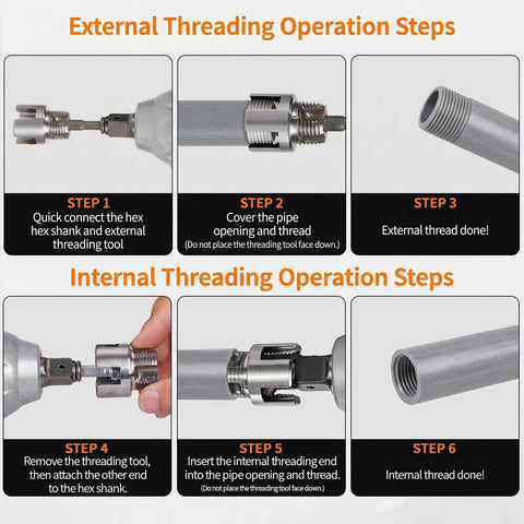 Dual Function Pipe Threading And Reaming Tool Kit For Half Inch And Three Quarter Inch PVC And PPR Pipes Quick Thread Alignment Damaged Thread Repair And Smooth Cutting For DIY Projects And Pro Plumbing Jobs external and internal threading steps