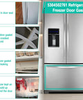 Installed refrigerator door gasket on stainless steel French-door fridge with bottom freezer (turquoise outline)