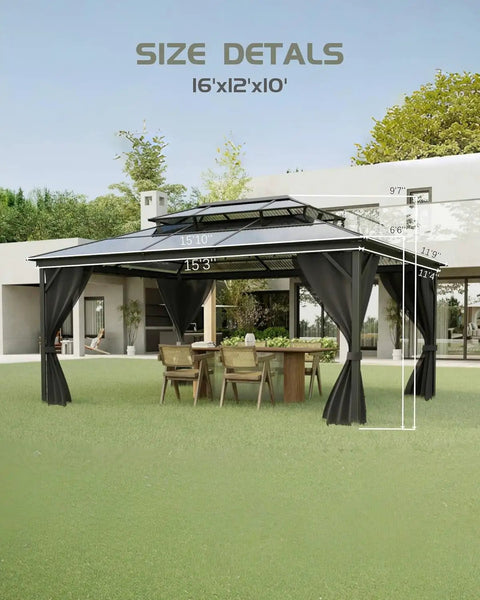 All Weather 12x16 Ft Hardtop Gazebo With Aluminum Frame And Double Polycarbonate Roof installed in a garden, side view