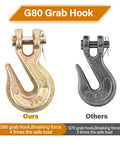 G80 3/8 in chain grab hooks; 4-pack, front view of gold ours and gray others side-by-side