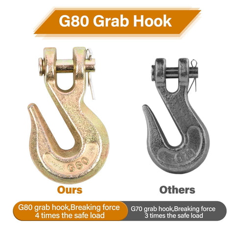 G80 3/8 in chain grab hooks; 4-pack, front view of gold ours and gray others side-by-side