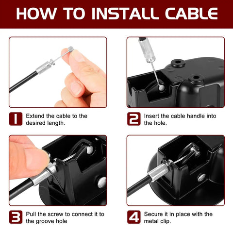 Universal Recliner Pull Handle Replacement Cable Featuring Upgraded Recovery Spring installation steps, highlighting the cable and metal clip.