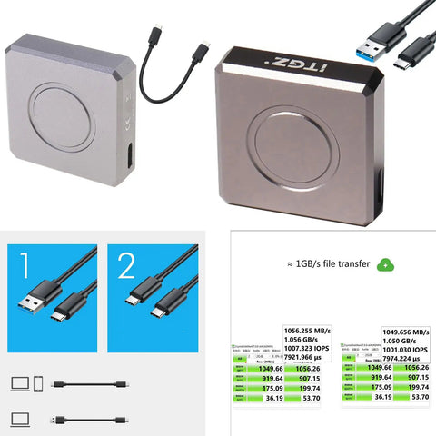 Rock Solid M.2 NVMe 2230 SSD Enclosure Tool Free External Hard Drive Case, aluminum design with USB cables for fast data transfer.