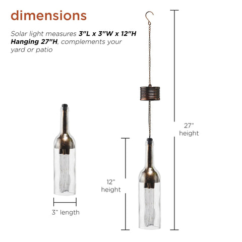 Outdoor Hanging Solar Lantern With LED Light In Bronze, Glass And Metal, Weather Resistant Yard Decor for Patio or Garden, dimensions shown