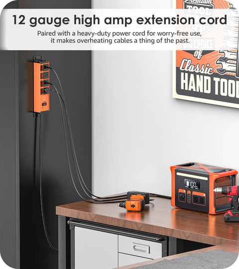 Magnetic Heavy Duty Power Strip With Four Outlets And 20 Amp Individual Switches And Master Switch 12 Gauge Extension Cord Six Foot Length Wall Mountable Surge Protector For Garage And Industrial Use Bright Orange on wall with cables