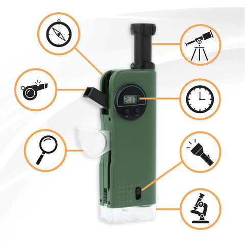Kid Explorer 7 Function Optical Pocket Tool With 30x Microscope, 8x Telescope, 9x Fold Out Magnifier, Built In Flashlight, Signal Whistle, Compass And Digital Clock, Totally Fun Hands On Learning Gift For Curious Kids, green pocket tool