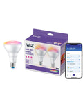 Smart 65W BR30 LED Light Bulbs That Connect to WiFi, E26 Smart Bulbs for Voice or App Control, Motion Activated With SpaceSense, 16 Million Colors, Matter Compatible, 2 Pack with bulb, box, and phone app