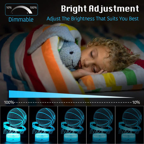 Child sleeping under blanket with Basketball 3D Illusion Night Light with 16 Color Dimmable LEDs showing brightness levels.