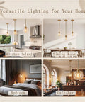 Luboyear 3 Pack Inch Clear Globe Glass Pendant Lights, Gold Brass Adjustable Height Hanging Light Fixtures for Kitchen Island, Dining Room, Hallway in diverse home settings.
