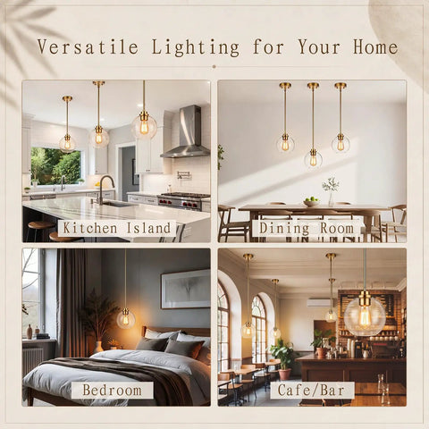 Luboyear 3 Pack Inch Clear Globe Glass Pendant Lights, Gold Brass Adjustable Height Hanging Light Fixtures for Kitchen Island, Dining Room, Hallway in diverse home settings.