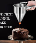 Smooth Pour 40 Oz Stainless Steel Pancake Batter Dispenser And Multi Nozzle Kitchen Funnel pouring chocolate on a cake.