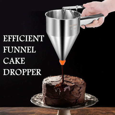 Smooth Pour 40 Oz Stainless Steel Pancake Batter Dispenser And Multi Nozzle Kitchen Funnel pouring chocolate on a cake.