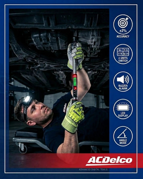 3/8 Inch Heavy Duty Digital Torque Wrench With LED Flash Notification, Angle Drive, used by mechanic under vehicle.