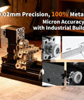 AcmeFlare 4 Axis All Metal Mini Lathe Machine 60W High Power close-up of precision components and industrial build.