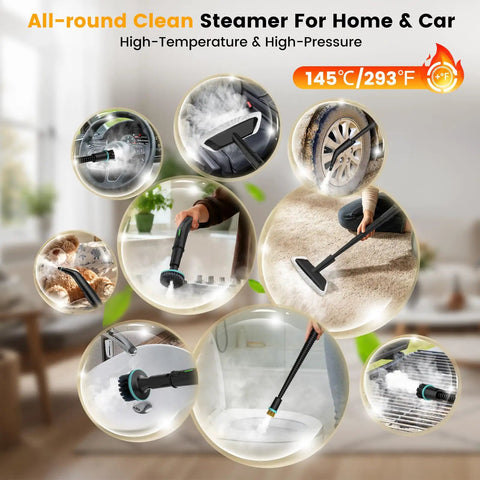 Upgraded Handheld Steam Cleaner 1.9Qt Big Tank Heats In Eight Seconds For Tile Floors Cars And Grout With 18 Pieces Of Accessories For Deep Clean Home Auto Detailing Safe No Burn Touch. Showing various cleaning scenarios.
