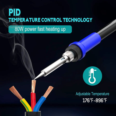 Digital Soldering Station With PID Temperature Control, 80W 110V Soldering Iron Kit showing precise heating on cables.