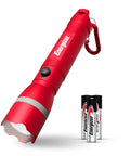 R-300 LED Emergency Flashlight With Beast Mode High Low Strobe Red Strobe, IPX4 Water Resistant, shown with Duracell batteries