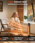 Relaxing indoors with Infrared Tower Patio Heater 1200W With Instant Heat And Sun Like Cozy Warmth, IPX5 Waterproof, 27 Inch Space Heater.