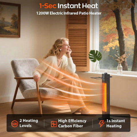 Relaxing indoors with Infrared Tower Patio Heater 1200W With Instant Heat And Sun Like Cozy Warmth, IPX5 Waterproof, 27 Inch Space Heater.