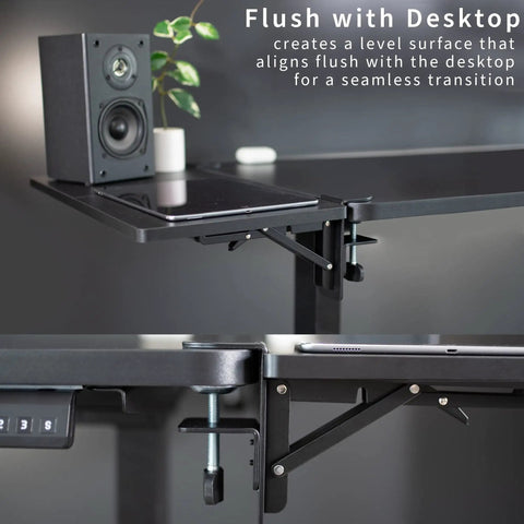 Boss Move Heavy Duty Clamp On Desk Extender With Foldable Keyboard Tray And Padded Wrist Support Expands Workspace For Sit Stand Tables Smooth Setup All Day Grind Black flush desk extension showing clamp attachment and adjustable supports.