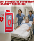 Installed wall-mounted AED defibrillator cabinet with alarm and clear window, white metal with red front panel