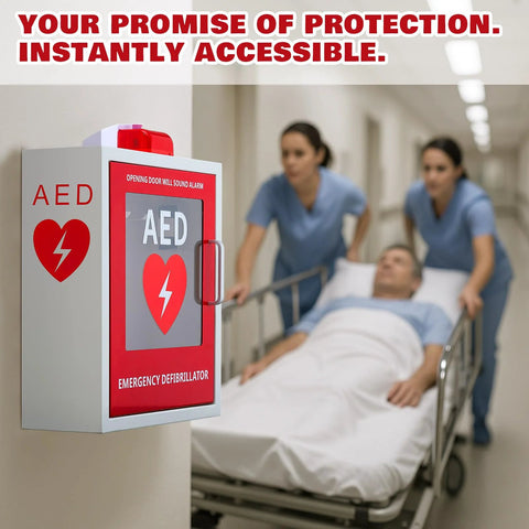 Installed wall-mounted AED defibrillator cabinet with alarm and clear window, white metal with red front panel