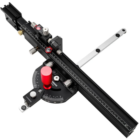Black and red Table Saw Miter Gauge with Micro Adjustable Flip Stop and Extendable Fence for Quick Angle Stops and Pro Grade Precision Crosscuts Miter Cuts Fits Three Eighths By Three Quarters Inch T Slot on Woodworking Tables Bandsaw and Router Table, close-up view.