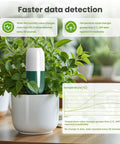 WiFi Soil Moisture And Temperature Sensor For Lawn And Garden No Hub Required Real Time App Alerts IP67 Waterproof Pro Grade Soil Meter inserted in pot with plant.