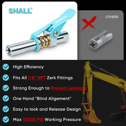 Front view of SHALL turquoise grease gun coupler with quick-release lever and spring, 1/8" NPT