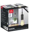 Product packaging for one light pendant with matte black finish, showing bulb with black woven fabric cord and E26 base socket.