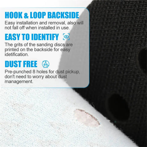 Close-up of Kick Ass 100 Pc 5 Inch Sanding Discs With Hook And Loop for Orbital Sander, showing hook back and holes for dust pickup.