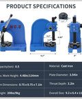 Product specifications for Heavy Duty 0.5 Ton Cast Iron Desktop Arbor Press For Riveting And Hole Punching, dimensions labeled.