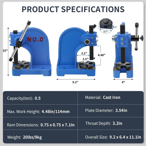 Product specifications for Heavy Duty 0.5 Ton Cast Iron Desktop Arbor Press For Riveting And Hole Punching, dimensions labeled.