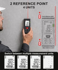 Laser Measuring Tool With 393 Feet Range, Bubble Levels, Plus Or Minus One Sixteenth Inch Accuracy, Easy Units Switch And Two Reference Modes, Dope For Windows, Doors, Cabinets, And DIY Projects On Any Jobsite. 2 reference points and 4 unit modes